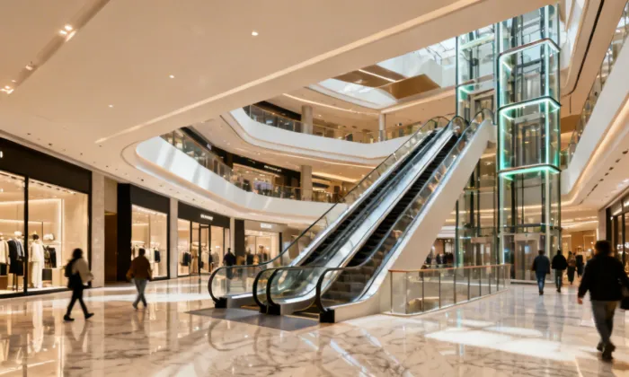 Retail shopping mall escalators and elevators